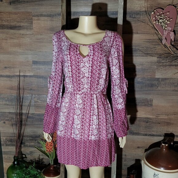 Pink Rose Floral Boho Shift Dress Size M Tie Sleeves Stretch Waist Country Girl - Picture 1 of 13
